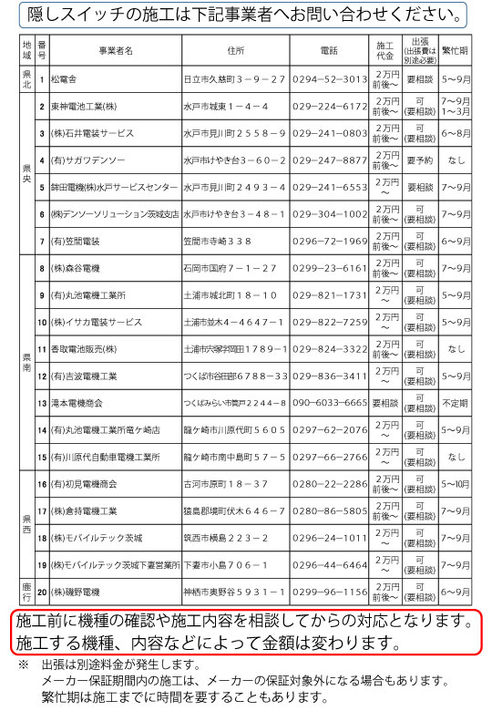 業者一覧　隠しスイッチの施工は下記事業者へお問い合わせください